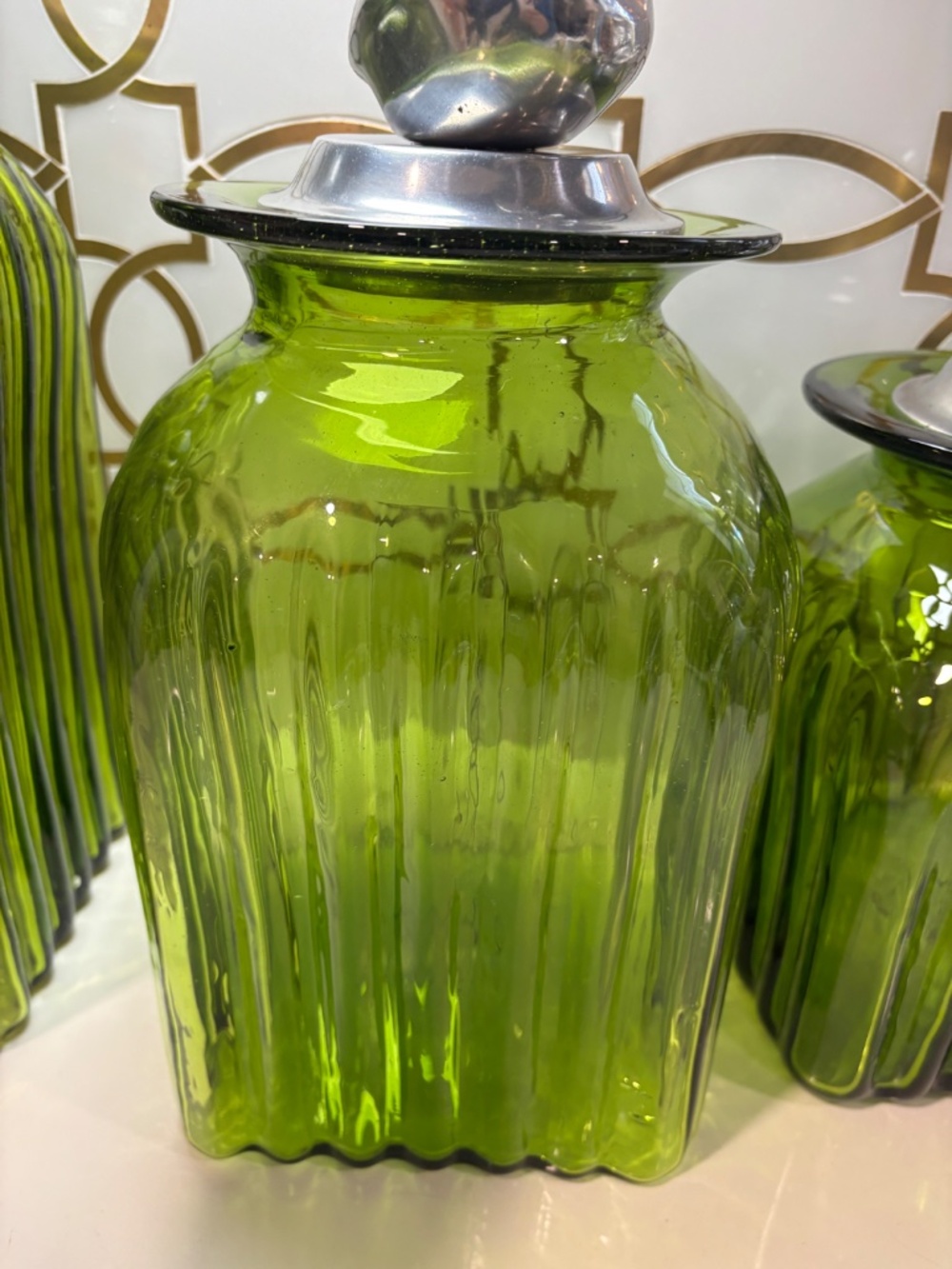 3 Vintage Hand Blown Glass Kitchen Canisters Jars Pewter Tops Fruit Apples Pear - Picture 12 of 15